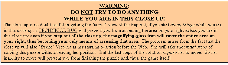 Text Box: WARNING:
DO NOT TRY TO DO ANYTHING
WHILE YOU ARE IN THIS CLOSE UP!
The close up is no doubt useful in getting the "aerial" view of the trap but, if you start doing things while you are in this close up, a TECHNICAL BUG will prevent you from accessing the area on your right unless you are in this close up: even if you step out of the close up, the magnifying-glass icon will cover the entire area on your right, thus becoming your only means of accessing that area. The problem arises from the fact that the close up will also "freeze" Victoria at her starting position before the Web. She will take the initial steps of solving this puzzle without leaving her position. But the last steps of the solution require her to move. So her inability to move will prevent you from finishing the puzzle and, thus, the game itself!